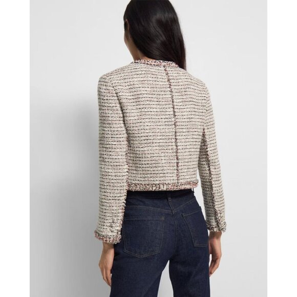 THEORY Preston Tweed Coral Multi Fringed Boxy Cropped Jacket, Size 6 - Picture 3 of 16